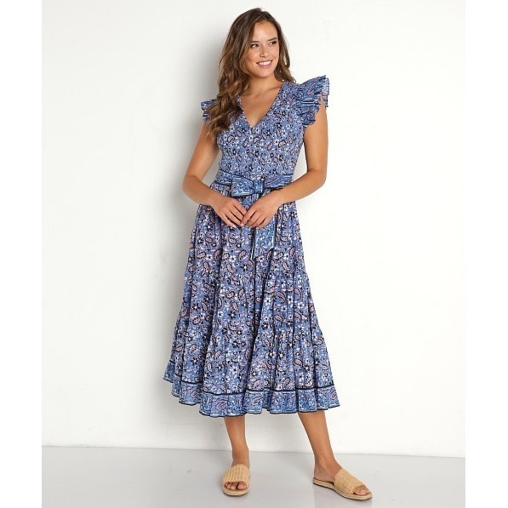 Cleobella Women Autumn Midi Dress Sz S Blue‎ Paisley Print Flutter Sleeve Boho